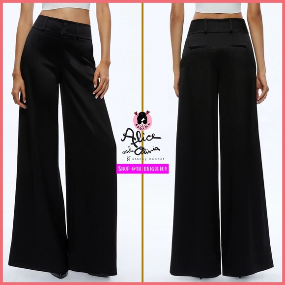 Alice Olivia Mame High Rise Wide Leg Black Satin Pants
